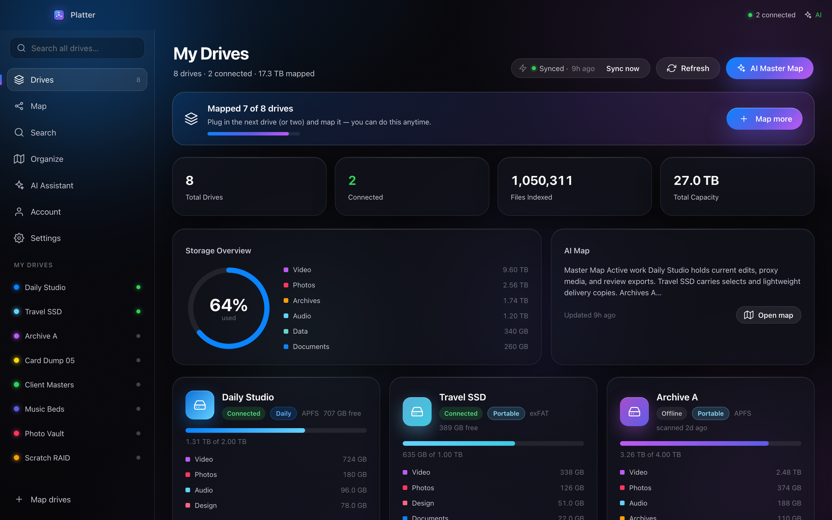 Platter dashboard showing drive name, status, path and a plug-in hint
