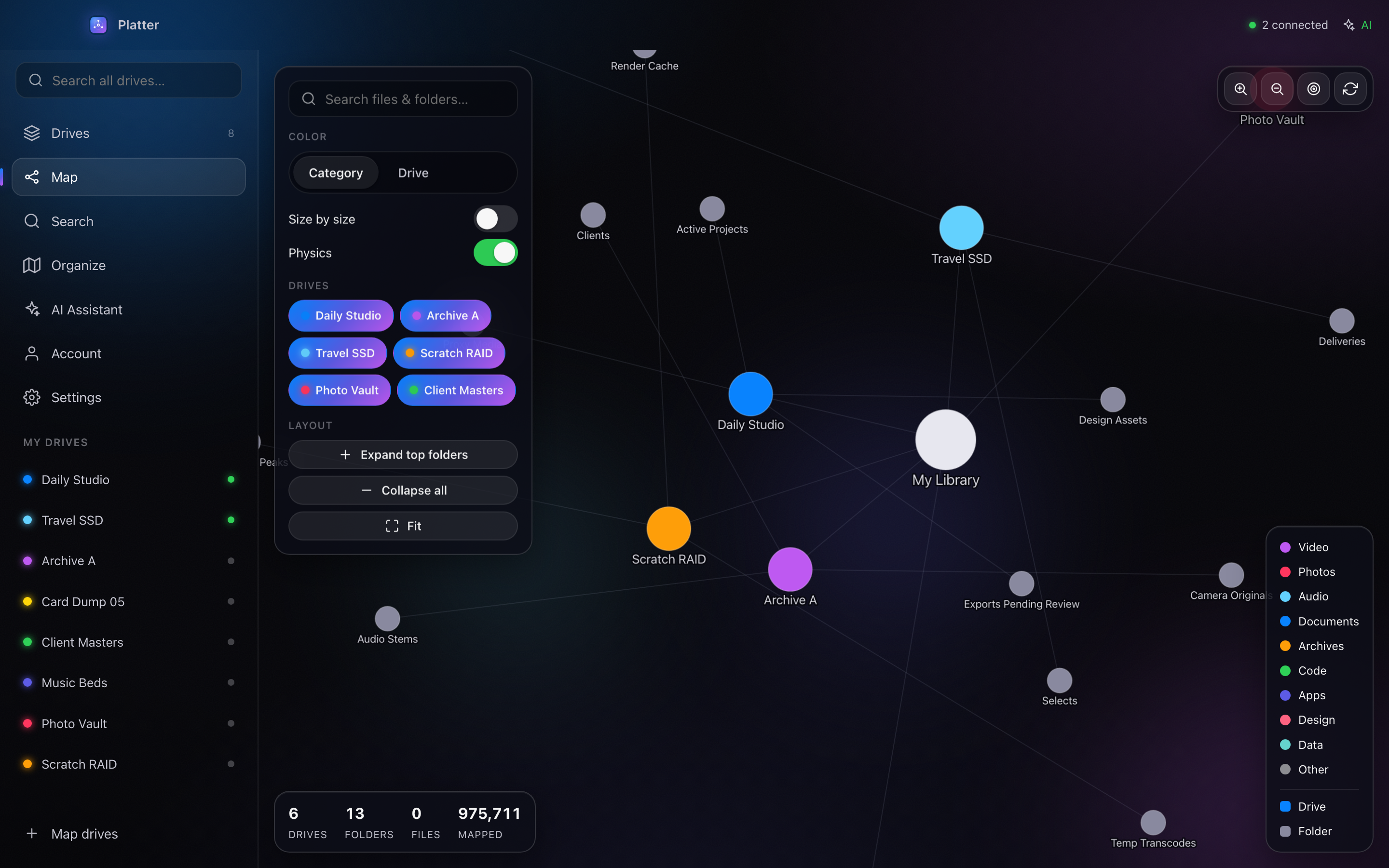 Platter showing an interactive map of drives, folders, and project clusters